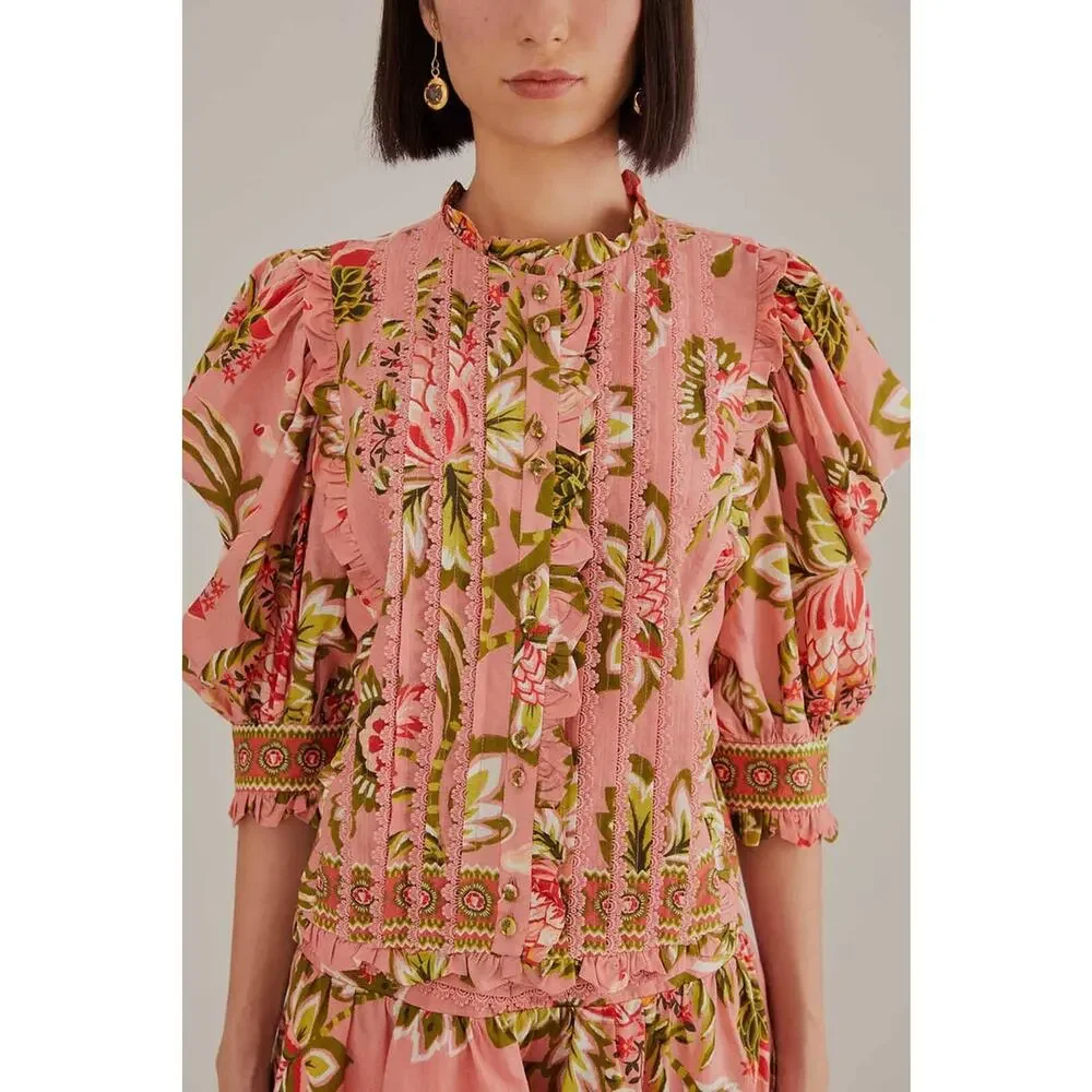 FARM Rio Aura Floral Short-Sleeve High Neck Blouse Top Soft Pink Women's Medium